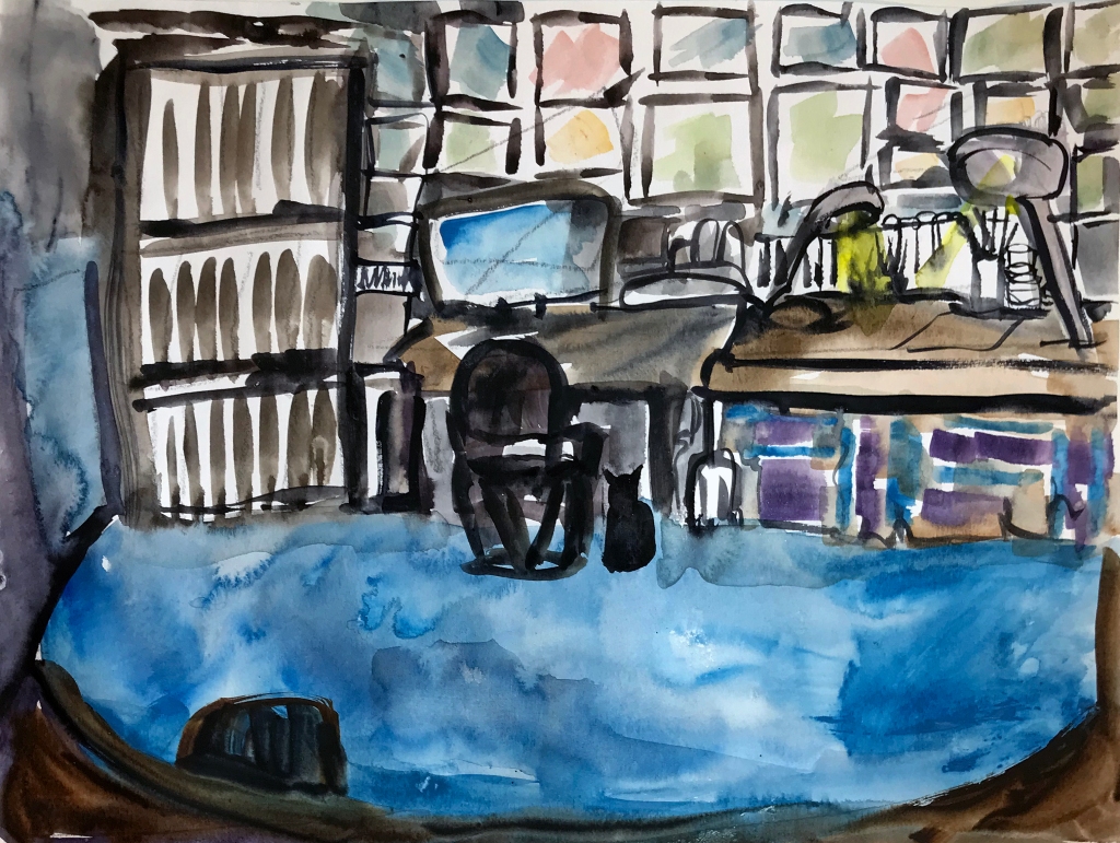 Watercolor painting of artists studio with chair, desk, shelves and black cat, blue rug